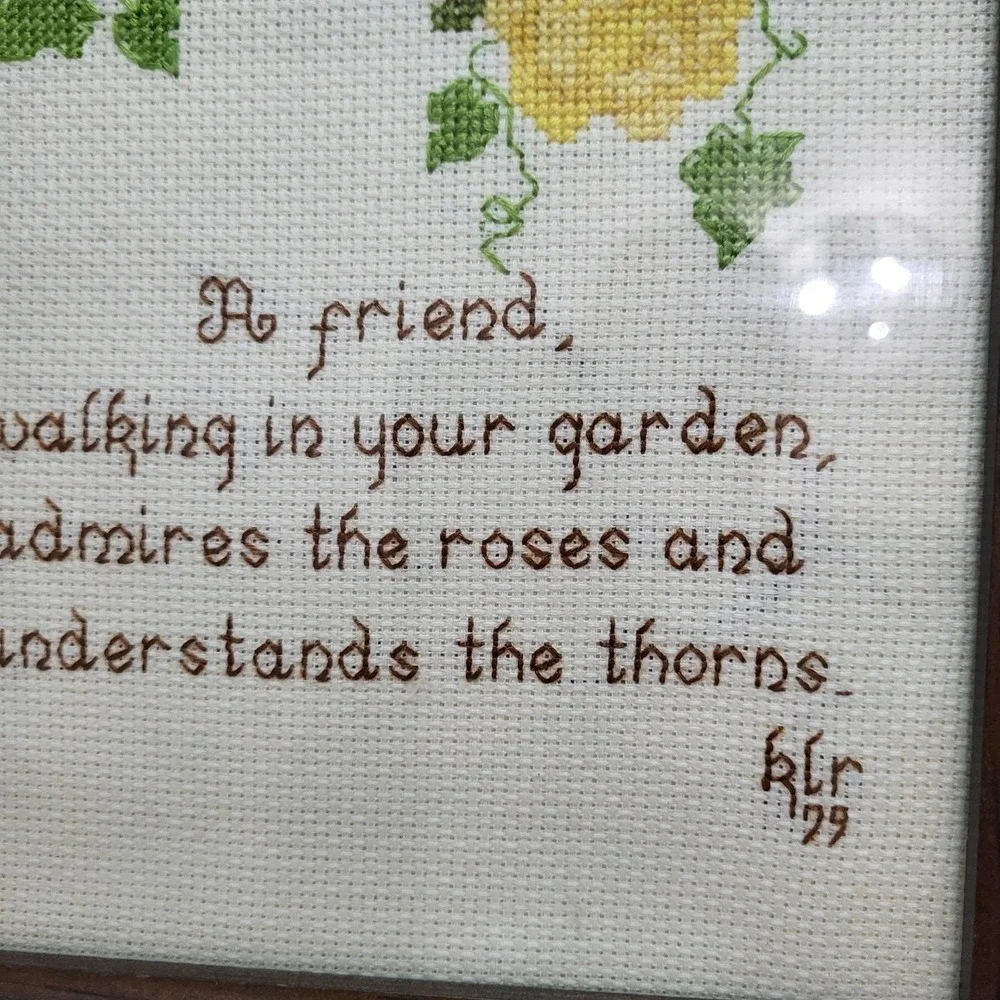 VTG Wood Framed Cross Stitch Needlepoint Friend Walking Garden Picture Roses